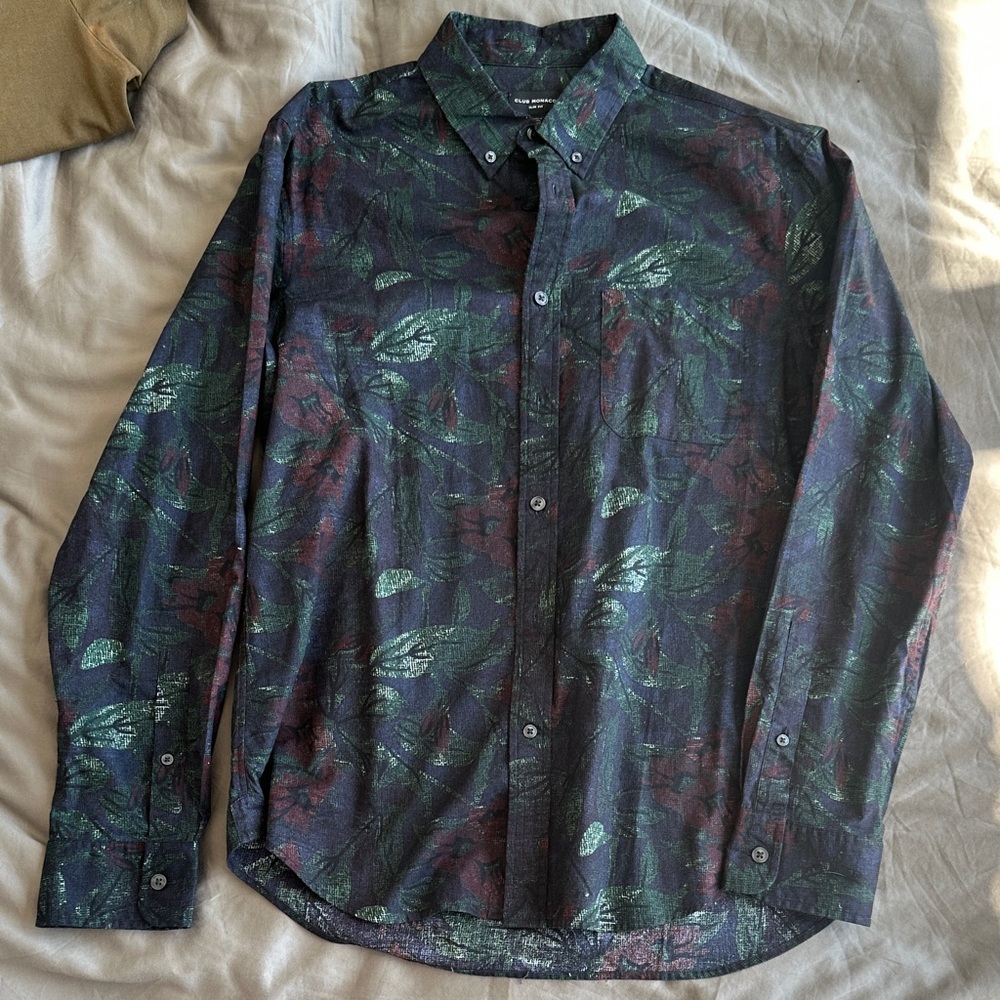 Club Monaco Dark Blue Leaf-Print Button-Down Shirt